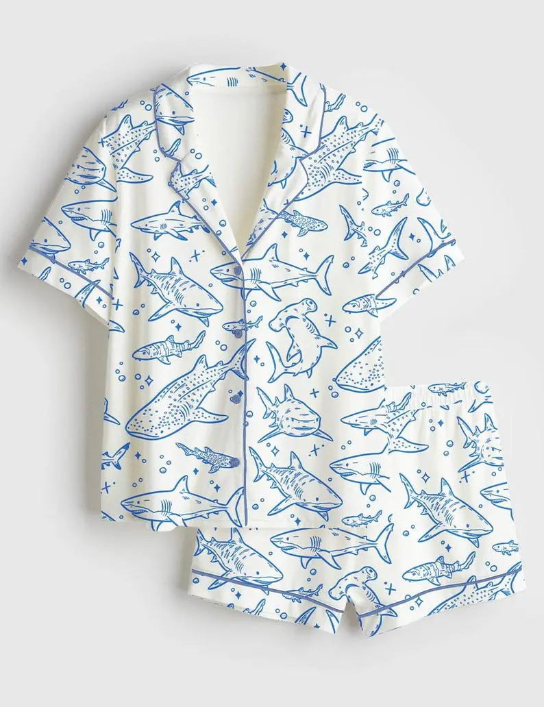Shark Print Satin Pajamas Set Ocean Theme Short Sleeve Sleepwear Shirt Print Womenswear
