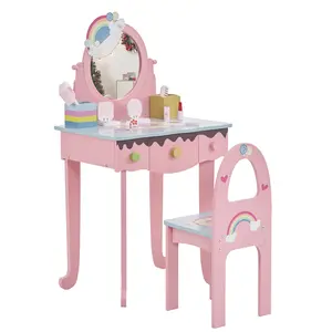 Kids Vanity Table and Chair Set with 7pcs Pretend Play Makeup Toys, Girls Vanity with Mirror & Stool, 3 Drawers & Tabletop Storage, Princess Table for Toddlers, Pink