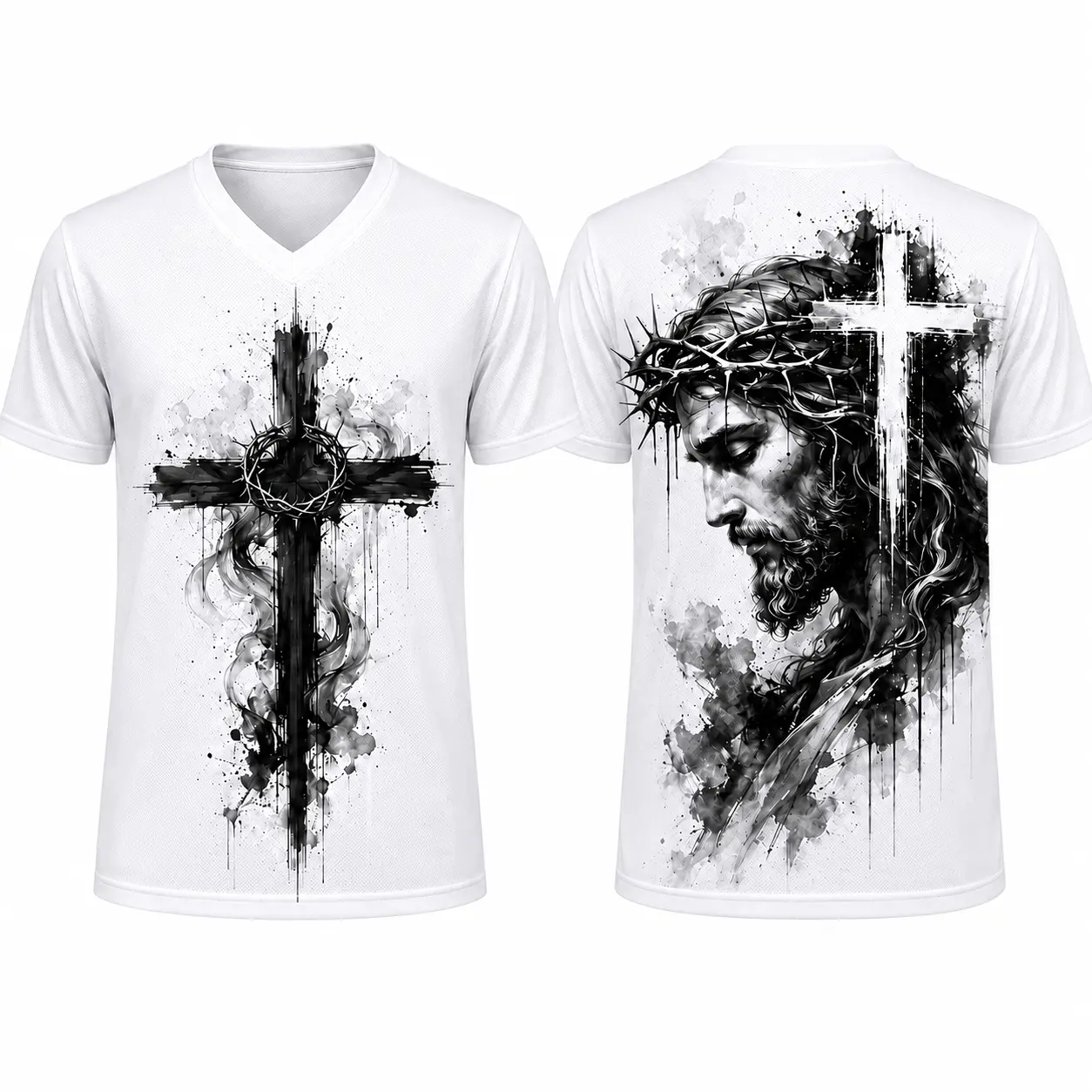 Unisex V-Neck Compression Shirt, Lightweight Christian Faith Tee with Cross & Crown of Thorns Graphic for Bible Study, Running/Fitness, Inspirational, Outdoor Wear, Breathable, Multi-Size, Sporty Sports Tops, Cross Artwork, Bold Black Cross Graphic, Churc