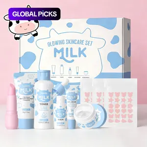 Laikou Milk Skincare Set Skin Care Products Moisturizing Hydrating Kit Skin Brightening, Cleanser 50g + Water 100ML + Serum 17ML + Eye Cream 15g + Moisturizer 25g + Lip Balm 3.5g + Acne Patches X3 #GLOBAL PICKS
