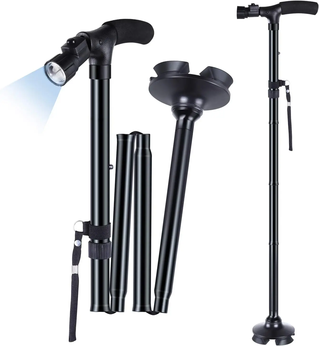 Folding Cane with Led Light, Adjustable Canes and Walking Sticks for Seniors, Walking Cane Stick for Men and Women with Cushion 2 T Handle and Pivoting Quad Base for Arthritis Disabled and Elderly durable walking stick pole