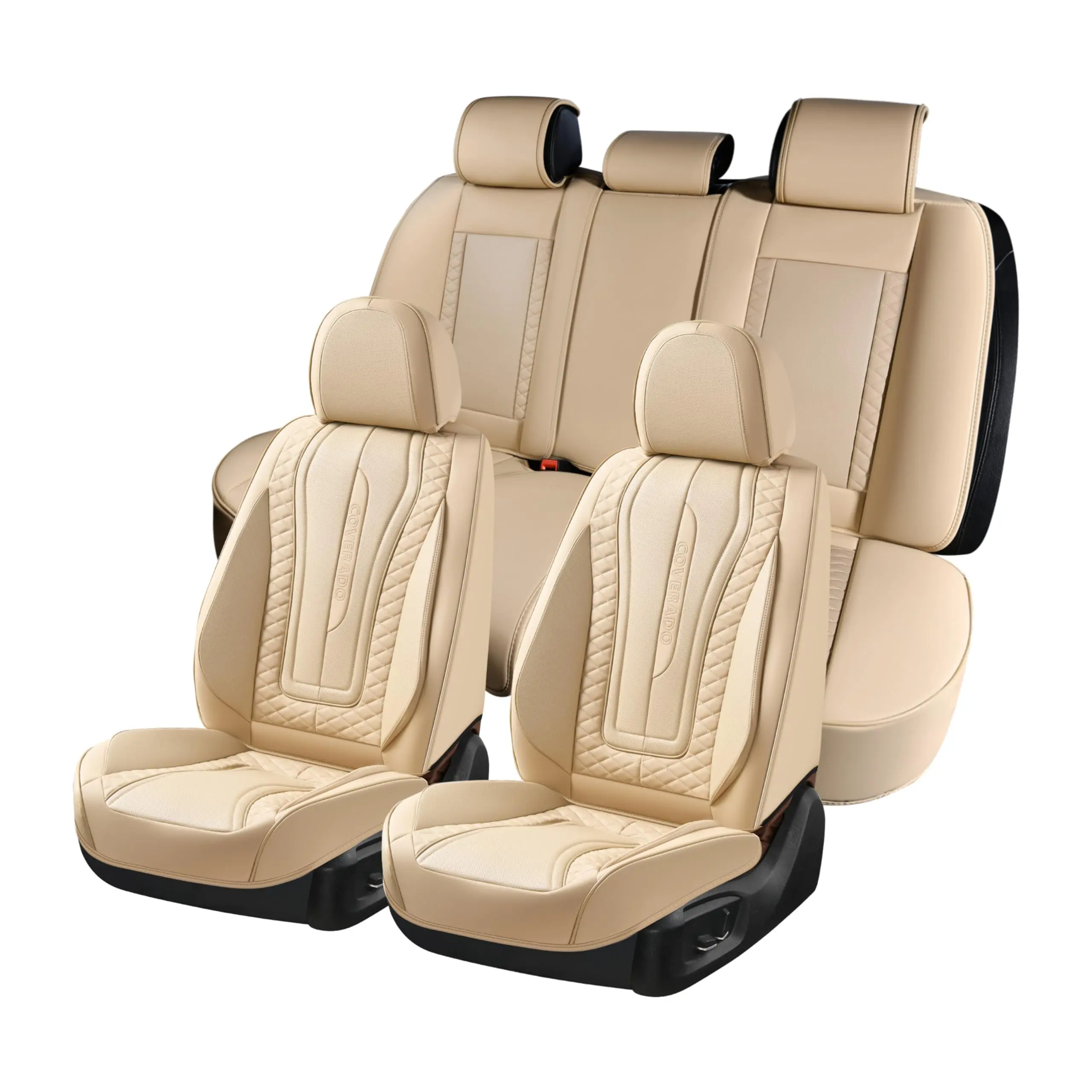 Coverado Car Seat Covers Full Set, Leather Seat Covers Waterproof Car Seat Protectors, Front and Back Seat Covers Automotive Seat Cuhsion Universal Fit for Most Vehicles Beige-9912-Beige