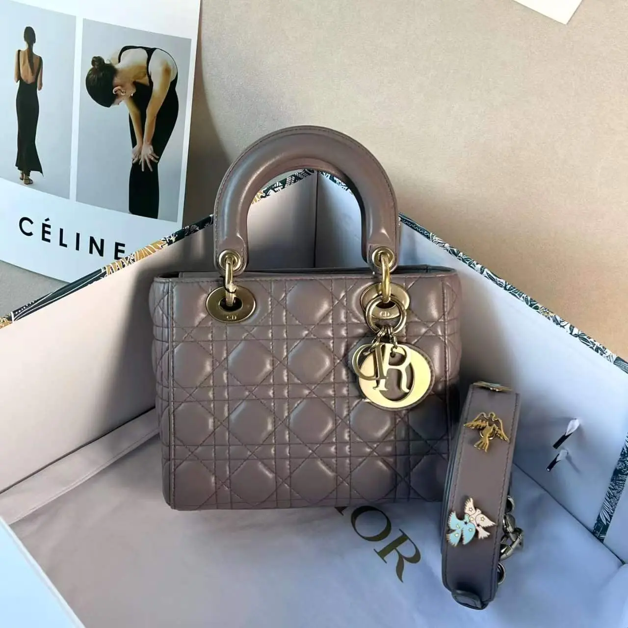 Pre-owned Dior Princess bag Grey checkered sheepskin small four check gold clasp c8355922487