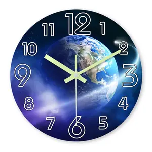 Luminous Planet Wall Clock, Earth Astronomical Design, Silent Quartz Movement, Battery Powered, Home Living Room Bedroom Office Outdoor Decor