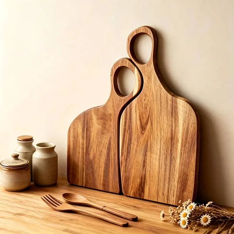 2-piece set of wooden cutting boards with a couples’ theme, made from natural solid wood with a beautiful, natural grain pattern.It can serve both as a cutting board for everyday meal prep and as a serving tray for prepared dishes, suitable for arranging