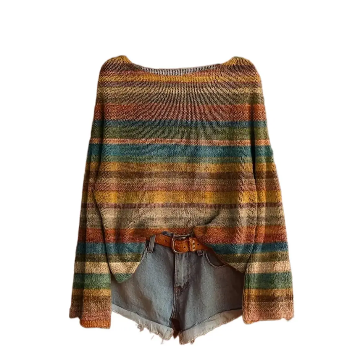 Women's All Over Print Loose Crew Neck Long Sleeve Polyester Knit Pullover Sweater, Elegant Tassel Hem Top, All Seasons Casual Basics