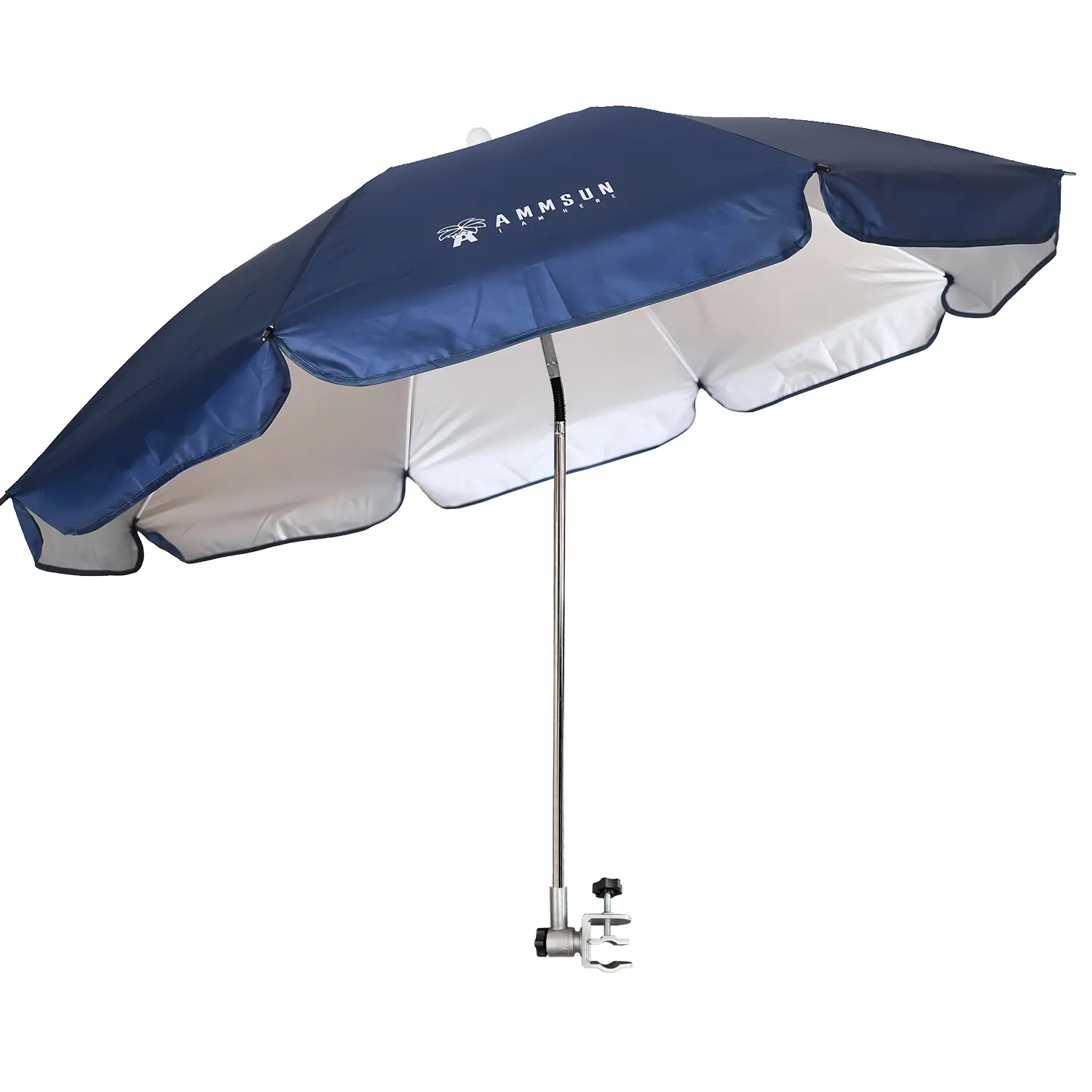 AMMSUN 47-Inch Outdoor Sunshade Umbrella with Patented Clamp, UPF 50+ Oxford Fabric, 8-Rib Construction with 360° Swivel Pole for Camping Chairs & Strollers, Portable with Carry Bag - Navy Blue, Easy Setup, Upf50+