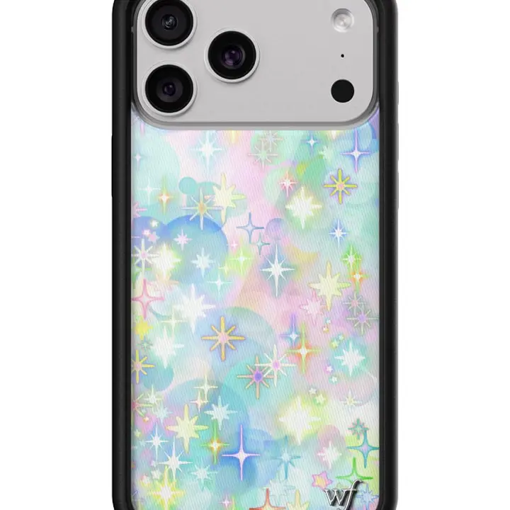 Sparkle City | Limited Edition Trendy iPhone Case | Raised Protective Black Bumper | Women Owned Small Business | Vibrant Pastel Blue Purple Green Orange Stars Cloudy Sparkles | Safety Casing Protective | Gift for Her