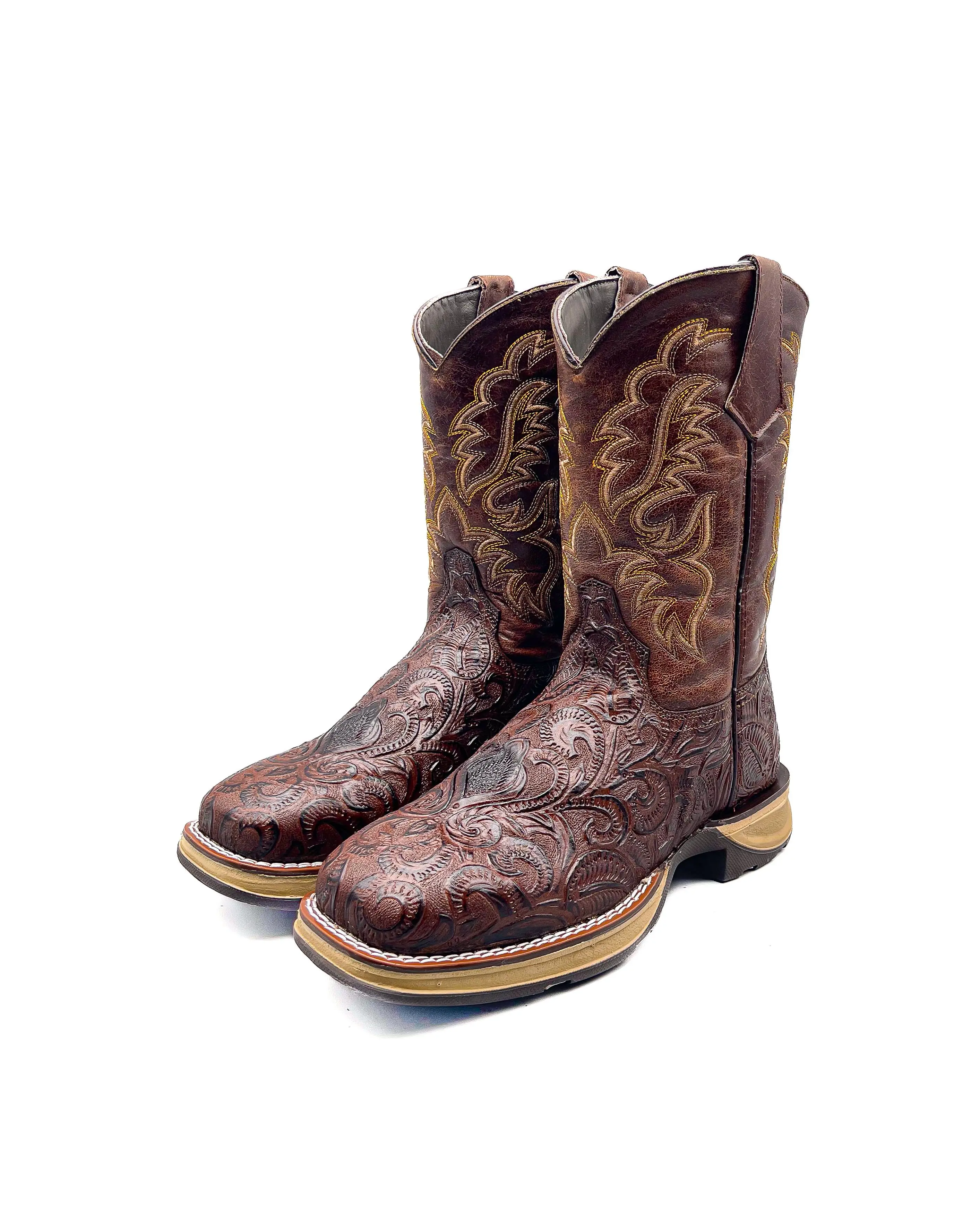 Cowboy Work Boot Brown Tooled Cowboy Work Boot Brown Tooled