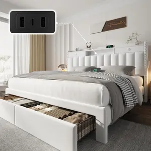 White Velvet Upholstered Queen Bed Frame with Headboard, 4 Storage Drawers, 3 USB-Type-C Charging Ports, Solid Wood Slats, No Box Spring Needed, Noise-Free