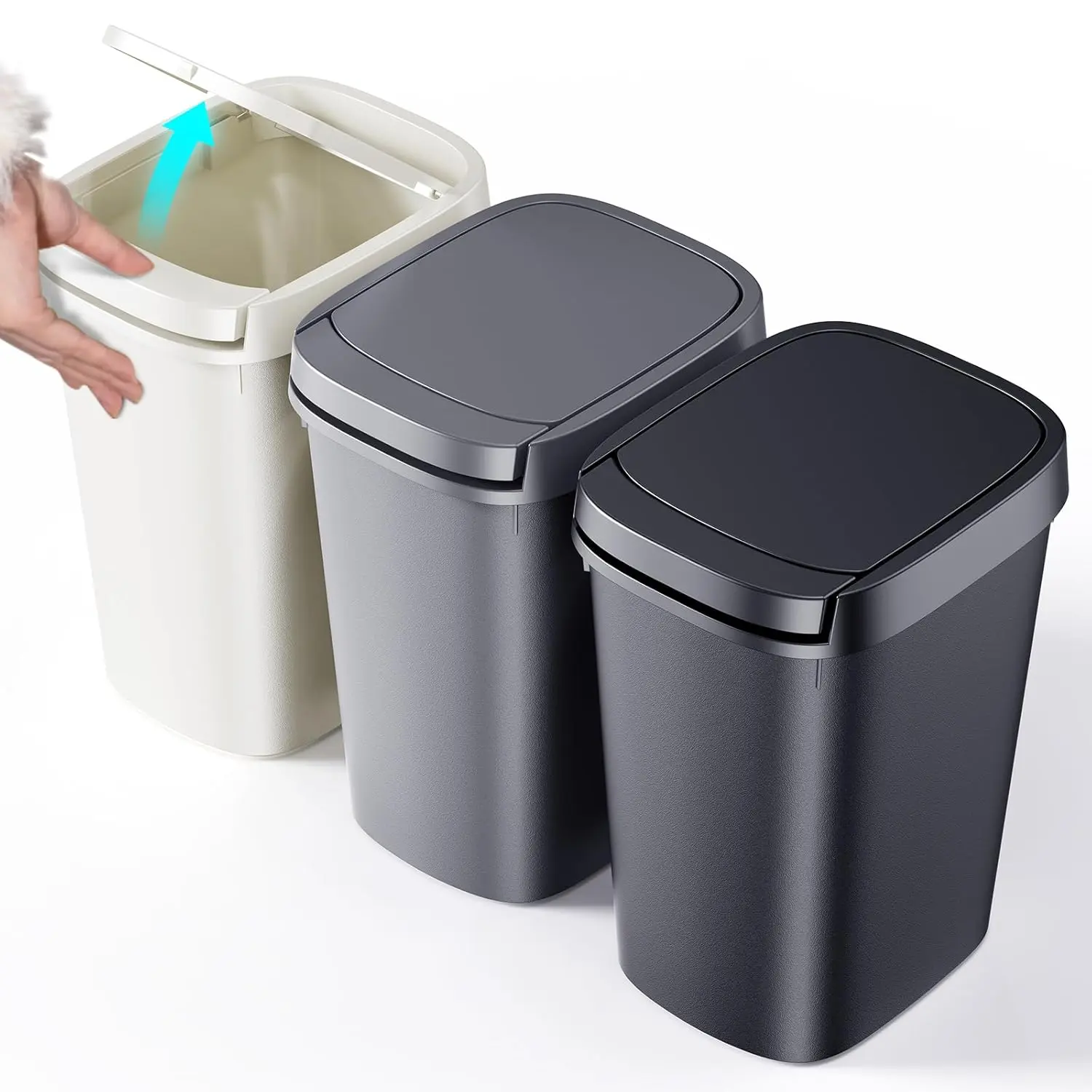 3-piece set of bathroom trash cans with lids, 10 liters/2.6 gallons small trash bins, with push-top lids, suitable for bathrooms, offices, and bedrooms, slim plastic waste baskets