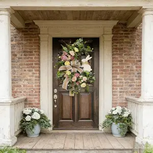 Easter Spring Bunny Plant Wreath, Faux Flower Decoration for Front Door, Indoor Outdoor Window Wall Decor, Farmhouse Porch Easter Home Decor, Flower Design