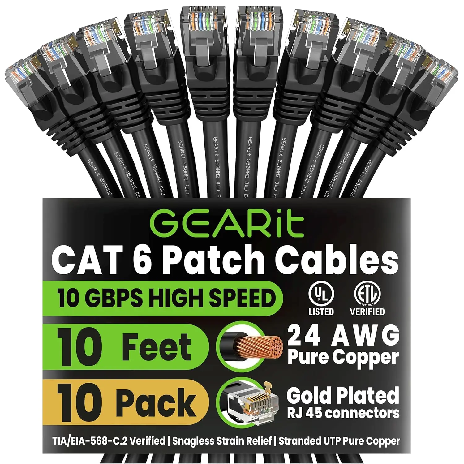 GEARit Cat 6 Ethernet Patch Cable 10 ft Black (10 Pack) Cat6 Patch Cables 10ft Black/Ethernet Patch Cable, 10Gbps 550MHz 24AWG Pure Copper, Snagless, Gold Plated RJ45 for Router, Server, Router, PC