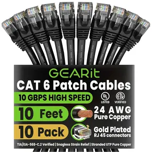 GEARit Cat 6 Ethernet Patch Cable 10 ft Black (10 Pack) Cat6 Patch Cables 10ft Black/Ethernet Patch Cable, 10Gbps 550MHz 24AWG Pure Copper, Snagless, Gold Plated RJ45 for Router, Server, Router, PC