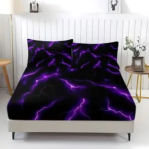 3 Piece Lightning Print Pattern Fitted Sheet Set, Soft And Durable Bedding Set Including 1 Piece Flat Sheet And 2 Pieces Pillowcases, Daily Holiday Birthday Gift Bedroom Decorations For Kids And Adults