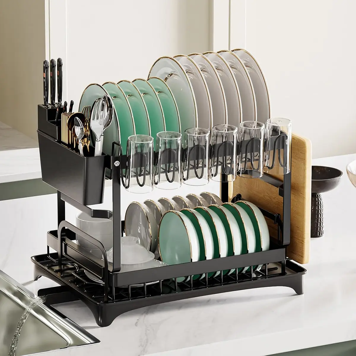 2-Tier Dish Drying Rack Dish DryingOrganiser with Drainboard Detachable Dish Drainer Organizer Kitchen Gadgets Space SaverFoldable Storage Rack,Black