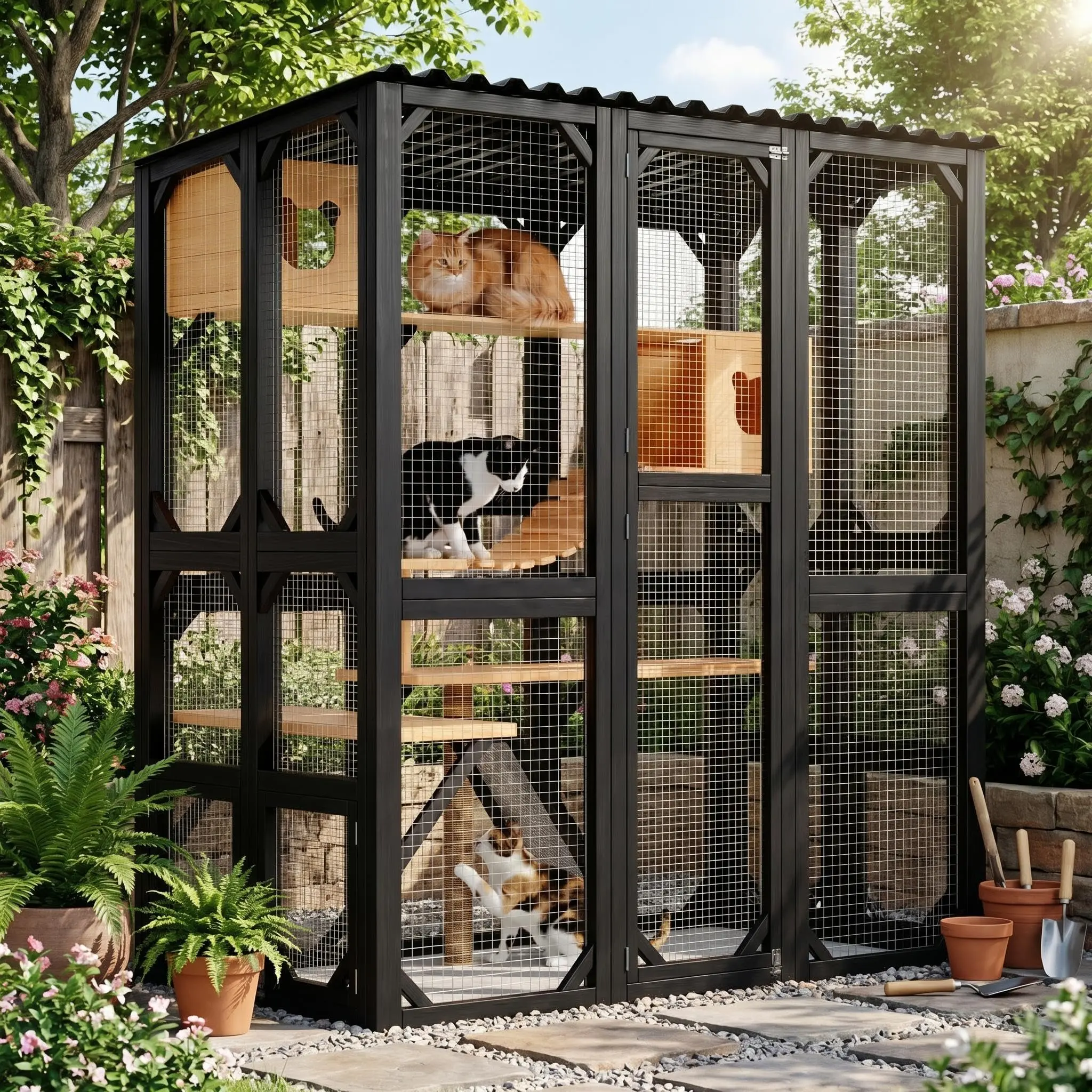 Large Catio, 70.8" High Walk-in for Multiple Cats, Weatherproof with Hammock, Resting Box, Scratching Post & Board, Outdoor Cat Run