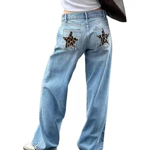 EMMIOL Women's High Waisted Flare Jeans with Star Patches, Vintage Y2K Denim Pants