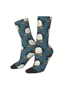 1pair Penguin Angry Pattern Men's Mid-calf Crew Socks, Breathable Comfy Casual Socks Sweat-absorbing Fashion Sports Socks For Outdoor Fitness Basketball Running