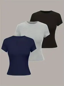 Women's Lady Casual Basic Minimalist Aesthetic Round Neck Short Sleeve T-Shirt Set, Pure Color Summer Top, Comfortable Everyday Wear, Pack of 3