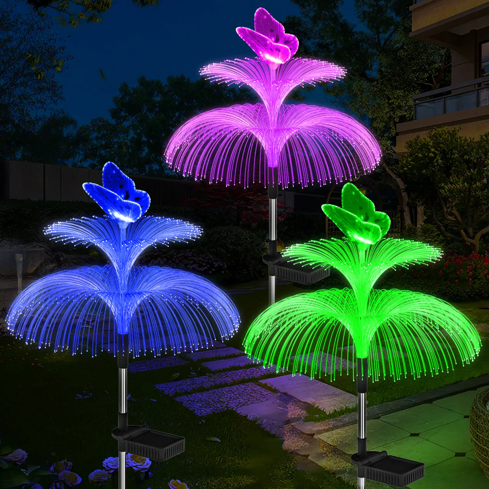 Solar Garden Lights Waterproof 3 Pack - 7 Color Changing Double Jellyfish & Butterfly Flower Decor for Outdoor Yards, Gifts for Mother's
