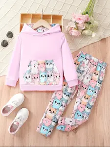 Girls' Cute Cat Heart Print Hoodie & Sweatpants Set, Spring & Fall Casual Two-Piece, Fitted Daily Wear, Girls' Clothing