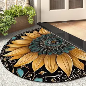 Bohemian Sunflower Half Round Doormat, Non-Slip Water Abosrb Vintage Sunflower and Dragonfly Half Round Door Mat Washable Entrance Welcome Mat Low-Profile Rug for Indoor Outdoor Entryway Bathroom Kitchen