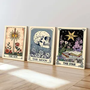 3 Piece Set Wooden Framed Canvas Poster, Decorative Artwork, Tarot Cards, Divination, Skulls, Swords, Flowers, Stars, Hexagrams, Minimalist Style, Home Decor, Art Print, Wall Art for Living Room, Bedroom, Office, Hallway, Ideal Gift For Friends
