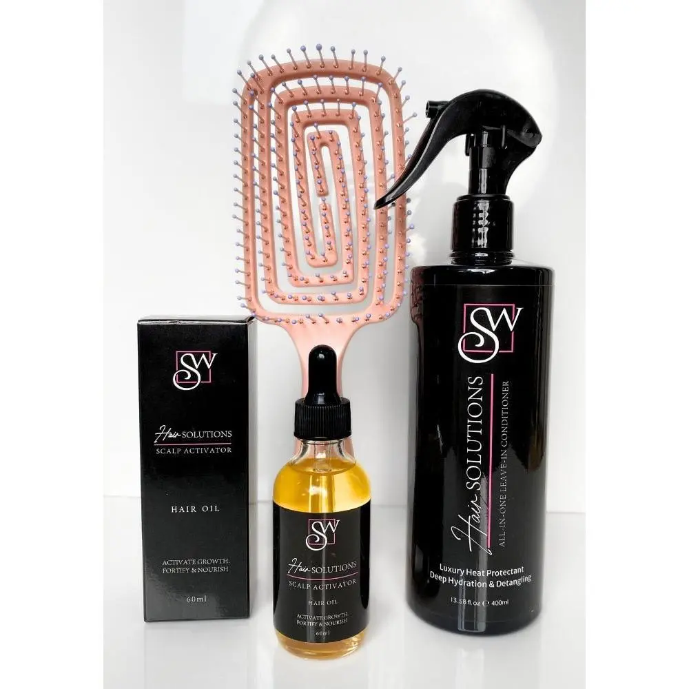 SW Hair Solutions 3-Piece Hair Growth Set for Scalp Health with Rosemary Mint Biotin Oil, Leave-In Heat Protectant Conditioner & Detangling Brush, Keratin Blend, Haircare, Lightweight, Nourishing, Daily, All Hair Types