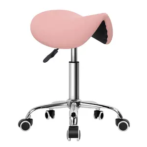 KKTONER Rolling Saddle Stool PU Leather Swivel Adjustable Rolling Stool with Wheels Salon Chair (Pink)