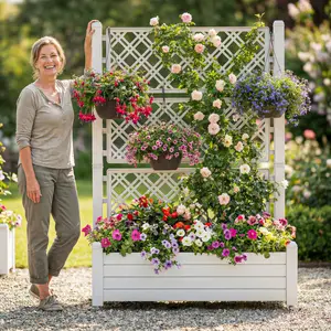 YITAHOME Outdoor Raised Garden Bed with Trellis,  3.6 x 1.5 x 5 FT Large Outdoor Planter Trellis Box with Drainage Holes and Wheels for Climbing Plants