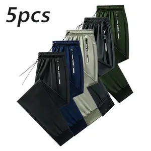Pack of 5 ice silk athletic pants with zippered pockets, high elasticity, drawstring cuffs, lightweight long design, quick-drying—ideal for outdoor casual wear and gym workouts.