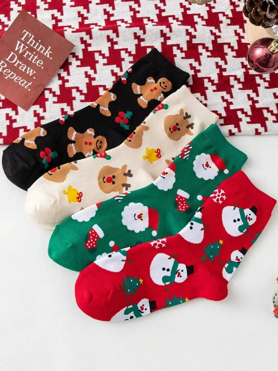 4 Pairs Christmas Socks for Women with Funny Santa Claus Snowman & Kawaii Cartoon Animal Designs Festive Gift Socks for Girls Perfect for Holiday Outfit