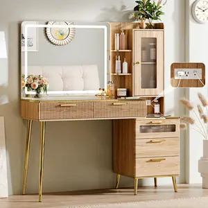 Vanity Desk with 29.53" HD Lighted Mirror, 47.24" Big Modern Vanity Desk with Mirror and Lights, Makeup Vanity with 5 Drawers and Storage Shelves and Charging Station, Oak