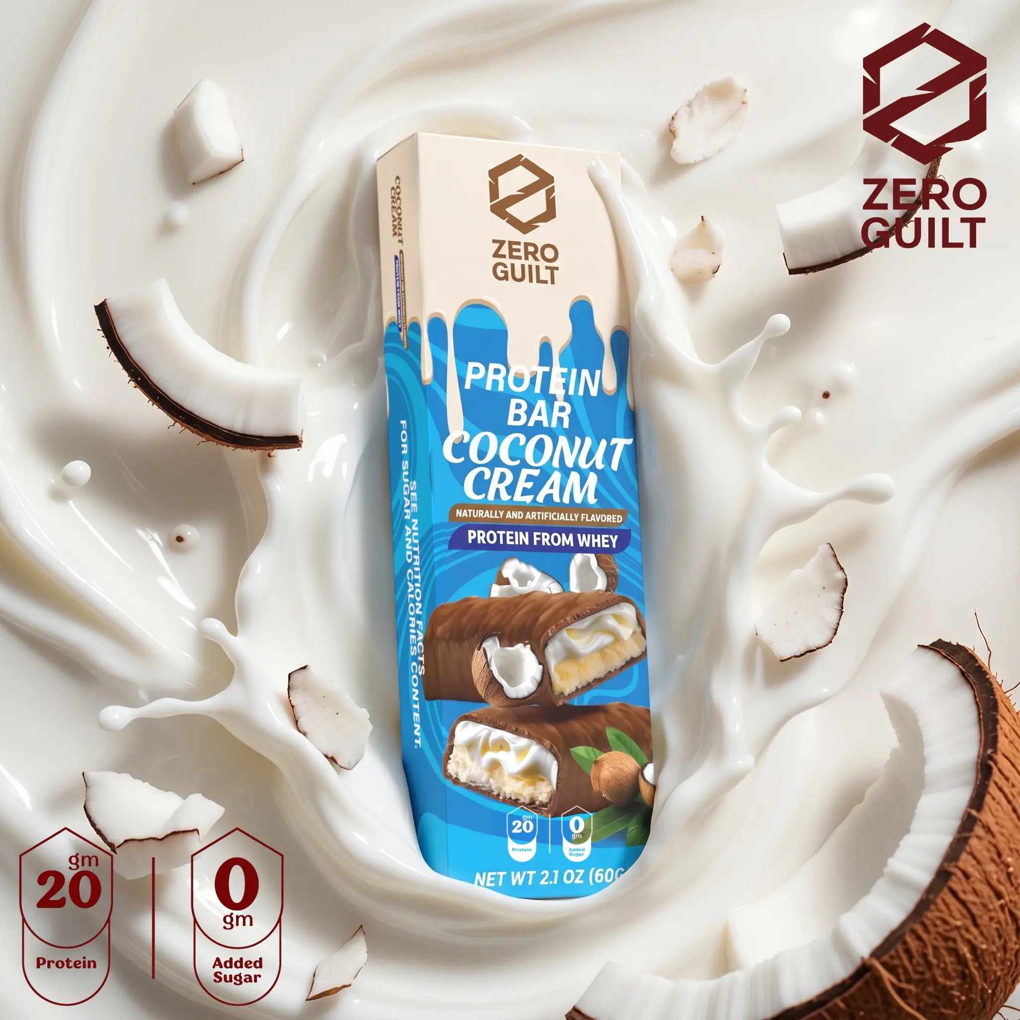 ZERO GUILT Coconut Cream 20G Protein Bar, ZERO Added Sugar, 60g Net Weight - 12 Pack, Snacks, Ready To Eat Snacks