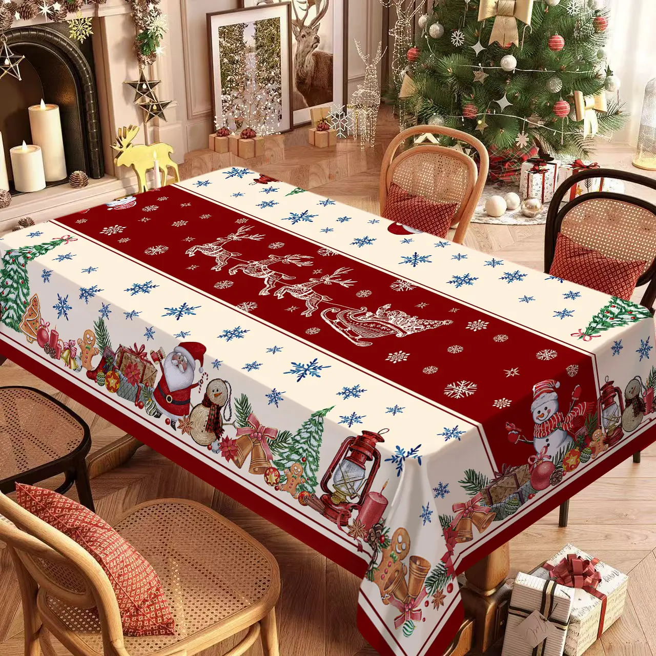 Christmas Tablecloth Table Runner with Santa Claus Reindeer Christmas Tree Gingerbread Man Bell Design Indoor Outdoor Festive Home Decoration Holiday Decorations Ornaments Decoration