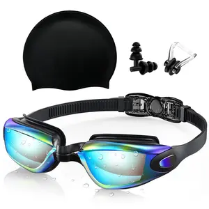 Swimming Goggles & Silicone Swimming Cap Set With Nose Clip Earplugs, 1 Set Waterproof No Leaking Anti Fog UV Protection Safety Glasses Cool Swimming Goggles