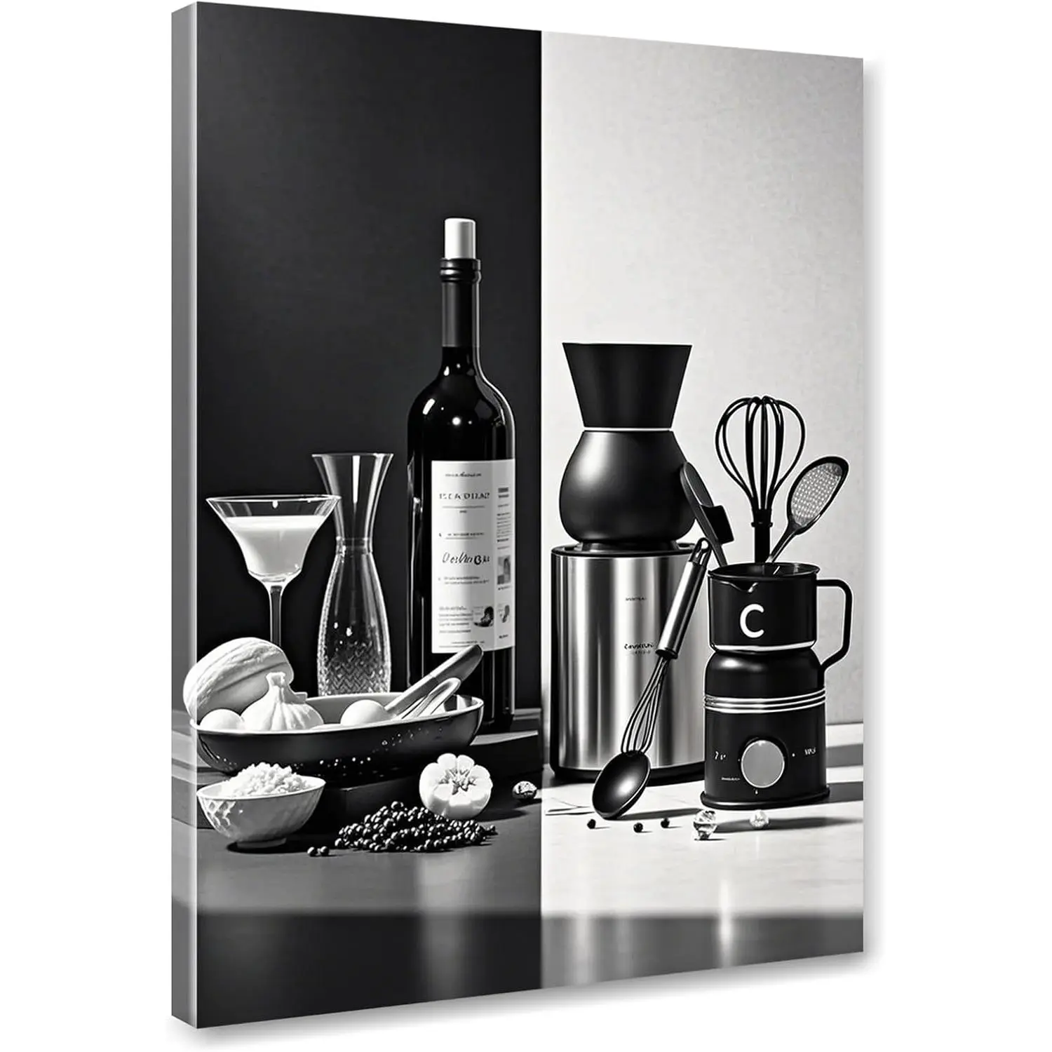 12x16 in Elegant Pine Wood Framed Black and White Kitchen Wall Art, Ready-to-Hang Wine Bottle & Seasoning Spoon Poster Print, Universal Home Decor for Kitchen, Dining Room