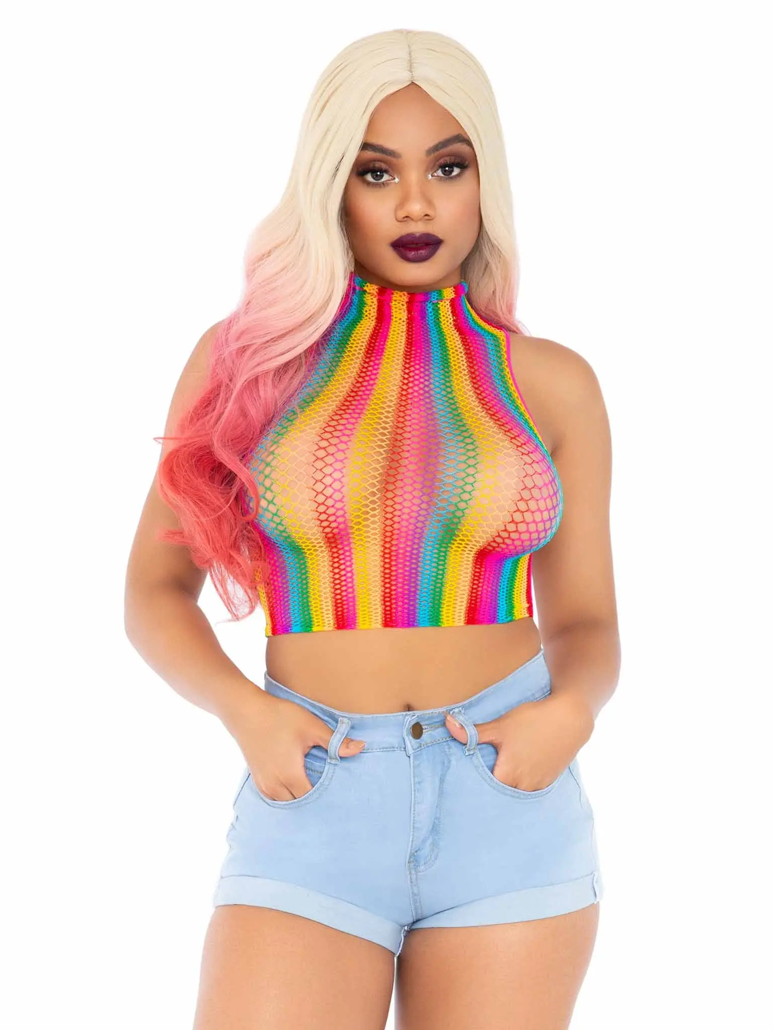 Women's High-Neck Racer Back Sleeveless Rainbow Stripes Fishnet Crop Top - Breathable Stretchy Fabric, Bikini Bathing Suit Pairing Tank & Cami, Cropped
