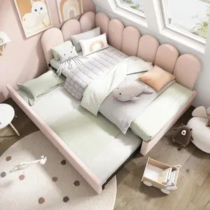 【Bellemave】Upholstered Bed Daybed With Pull-Out Bed, Twin Size Single Sofa Bed,Guest Beds For Adults and Children, Bed With Metal Slatted Frame, Velvet, Pink (Without Mattress)