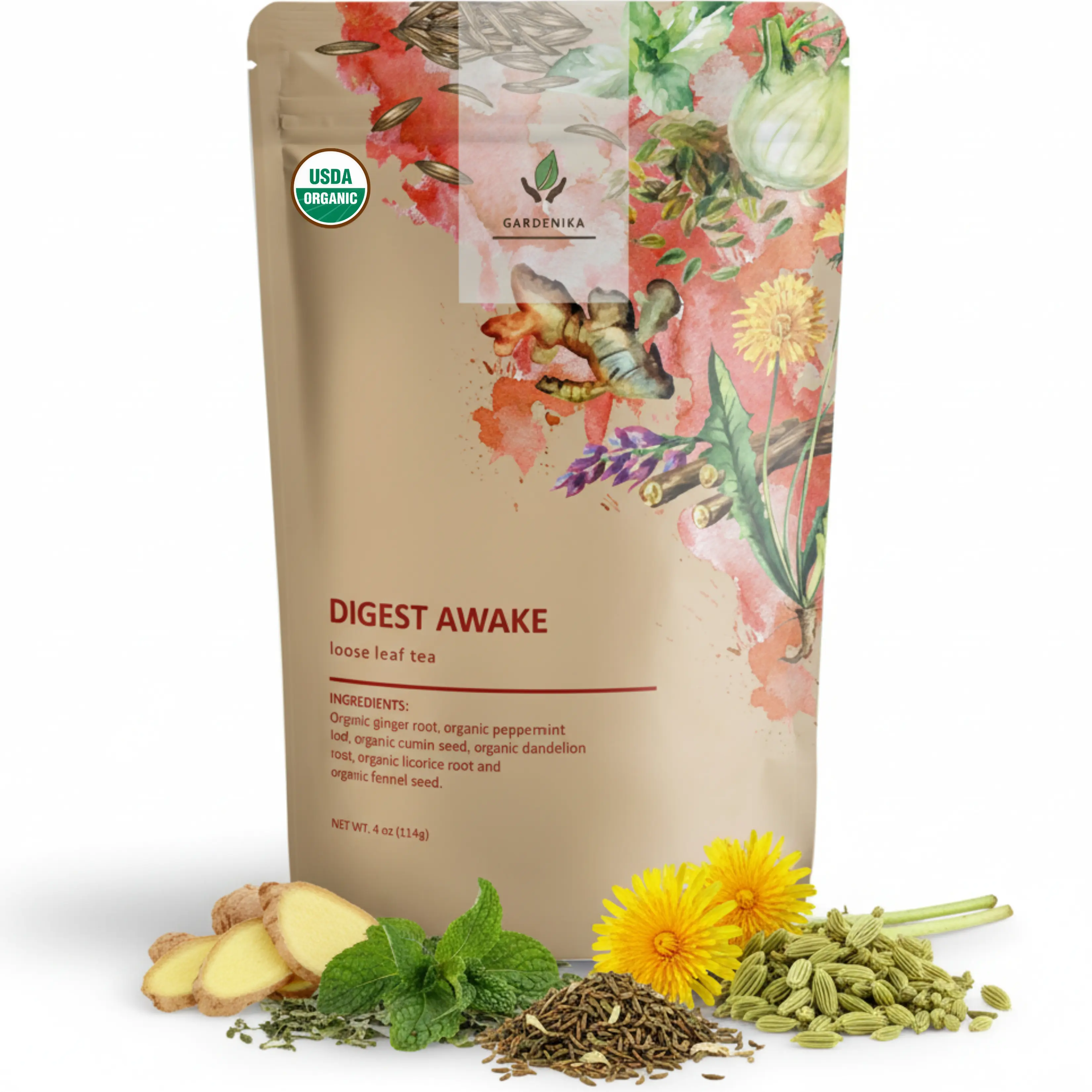 Gardenika Organic Digestive Ginger Loose Tea Caffeine-Free Ayurvedic Natural Blend 4oz