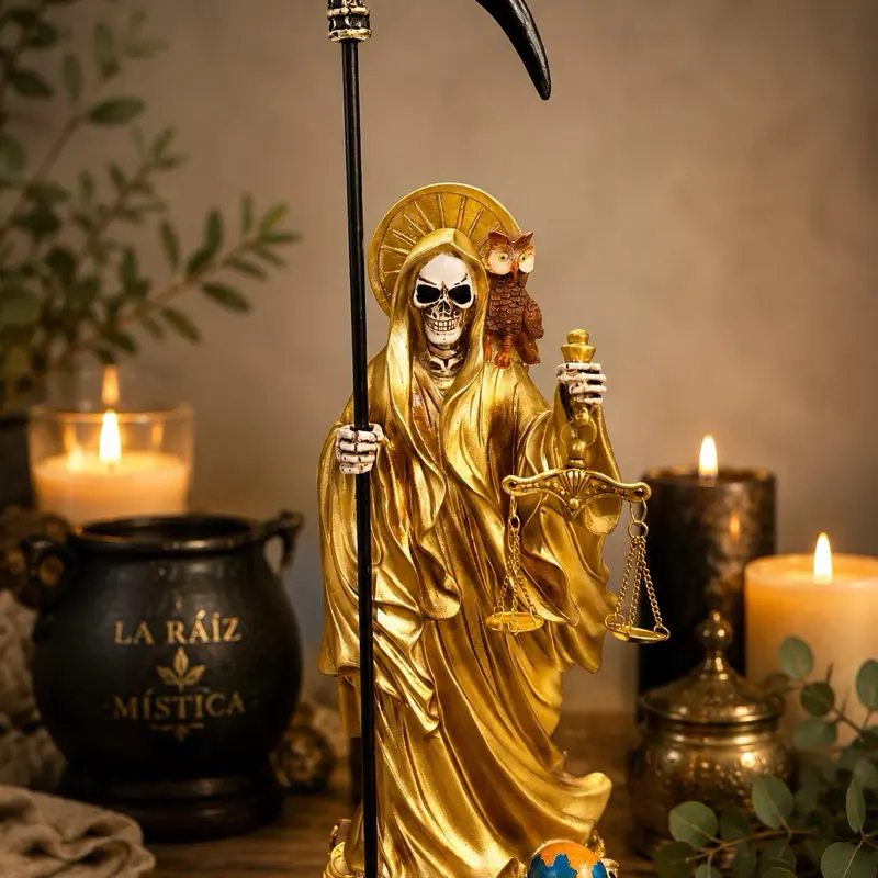Santa Muerte Gold Statue 12” – Detailed Altar Figurine with Owl, Scales & Scythe