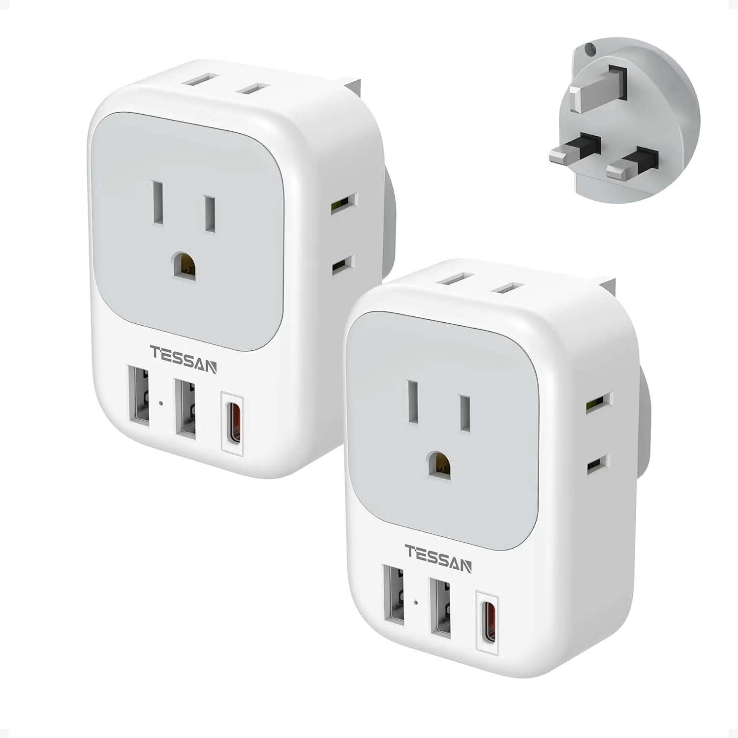 TESSAN UK Adapters for Travel 2 Pack, Type G US to UK Plug Adapter with 4 Outlets 3 USB Charger(1 USB C), Power Adaptor for USA to Ireland Scotland Dubai Hong Kong England British Kenya London