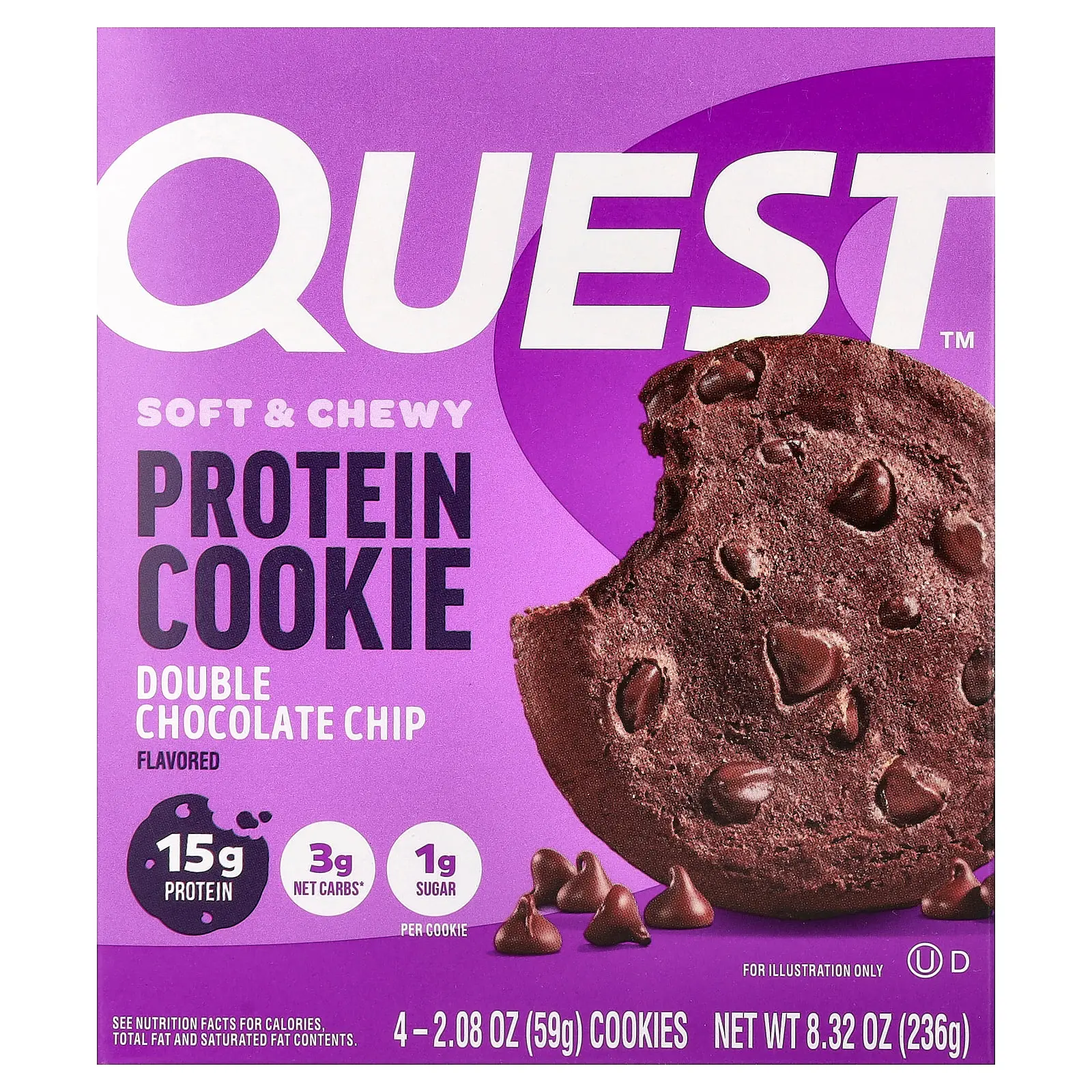 Quest Nutrition Protein Cookie, Double Chocolate Chip, 4 Cookies, 2.08 oz (59 g) Each