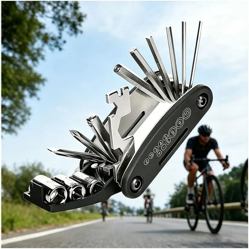 Bicycle repair tool set, 16 in 1 multifunctional bicycle repair tool, equipped with folding hex wrench and screwdriver, suitable for mountain bikes, road bikes, and electric bikes. Foldable storage, compact structure.