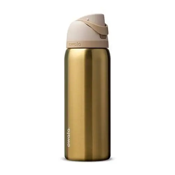 Owala FreeSip 32oz Insulated Stainless Steel Water Bottle - Special Edition Holiday Gold Metal "Absolute Sled" Design, Patented 2-in-1 Drinking/Gulping Spout, 100% Leakproof, Button-Operated Gym Bottle, Oat Classic Anti-Scalding Travel Cup for Adults, Fla