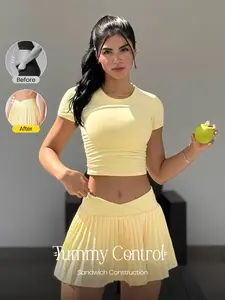 GLOWMODE Let's Play Sweat-Wicking Stretchy Mid-Rise Crossover Waist Pleated Tennis Skirt With Built-In Shorts Side Pockets Tennis Golf Daily Spring Summer