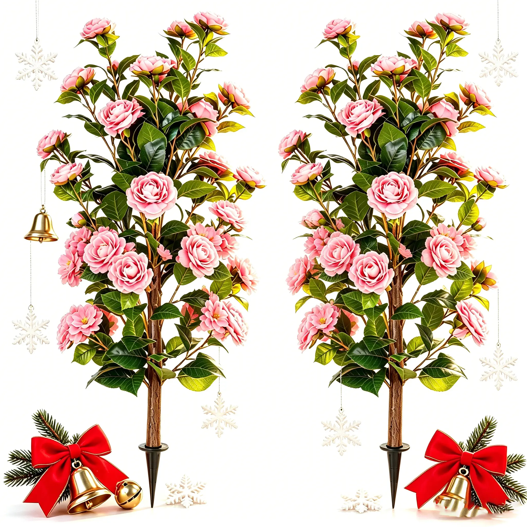 36 Inch Real Touch Artificial Pink Camellia Ground Stake Flowers, UV Resistant Waterproof Weatherproof Outdoor Fake Floral Tree Ornaments, Rustic Cottage Core Decor For Christmas Front Porch, Garden, Patio, Wedding Ceremony & All Season Outdoor Spaces