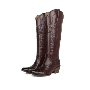 Embroidered Cowboy Boots for Women Knee High Cowgirl Western Boots,Square Snip Toe Country Boot Tall Shoes Footwear Classic