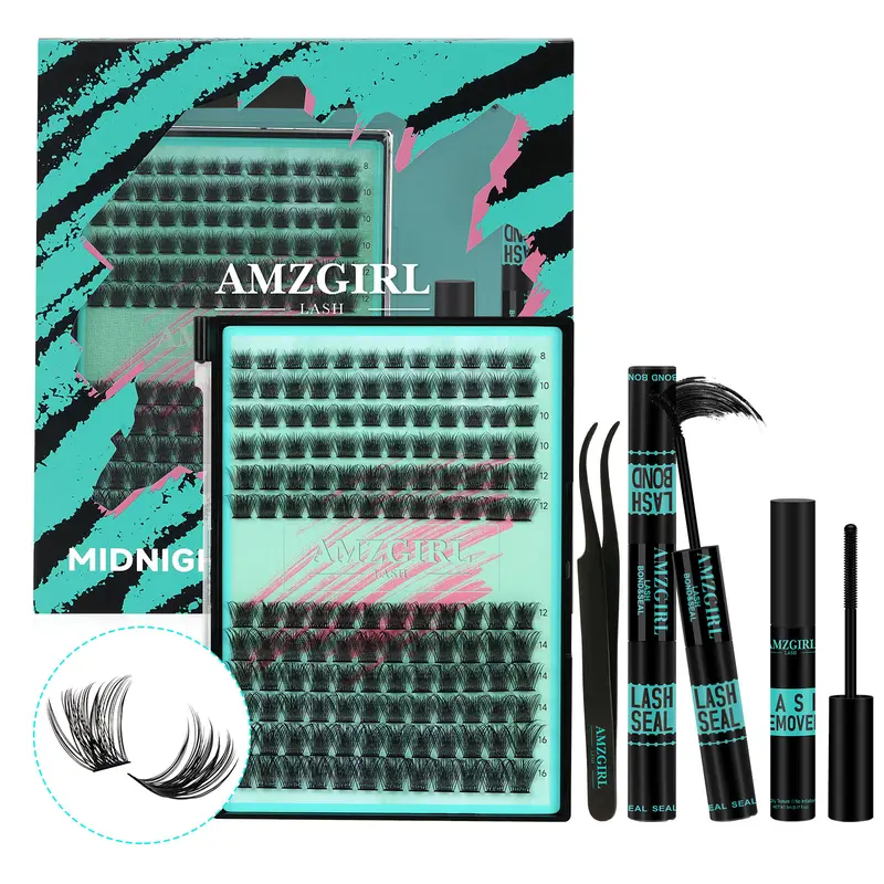 AMZGIRL D-Curl Fluffy Eyelash Clusters Kit, 144pcs Midnight Waterproof False Lashes Set with Bond, Seal, Remover & Applicator for Summer Outfits, Vacation Looks (Accessories Bundle Assorted False Eyelashes & Adhesives)